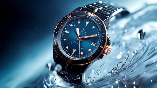 Waterproof luxury mens watch underwater in the ocean or sea commercial concept, bespoke water resistant design