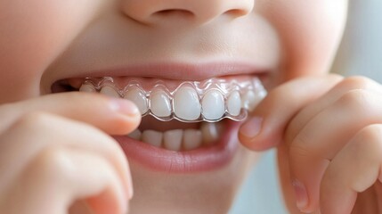 Beautiful macro shot of white teeth with braces. Dental care photo. Beauty woman smile with ortodontic accessories. Orthodontics treatment. Closeup of healthy female mouth