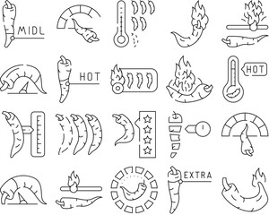 Spicy Pepper Different Scale Icons Set Vector. Burning Cayenne Spice Pepper Flavoring For Measuring Cooked Dish Line. Extra, Hot And Middle Spiced Meal Vegetable Contour Illustrations