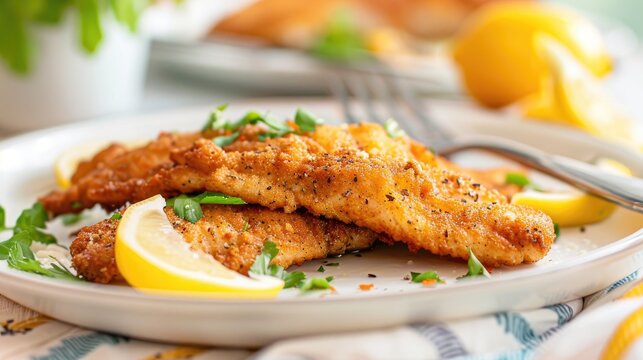 Fried whitefish with fork on white plate against colorful backdrop