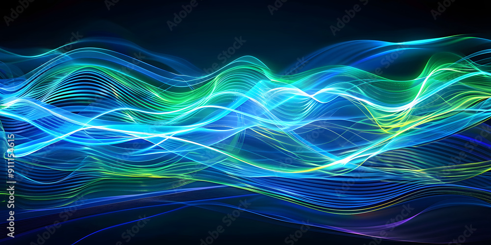 Sticker vibrant blue and green digital waves flow through a dark background, creating a mesmerizing abstract