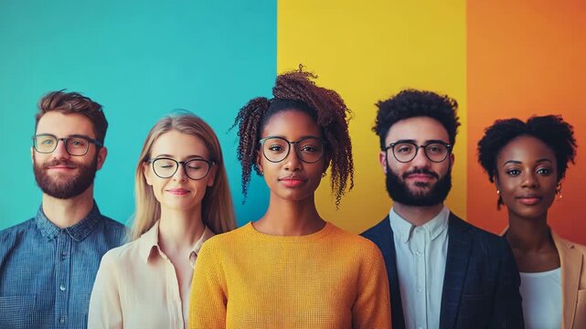 Diverse group of five young adults standing against a colorful background