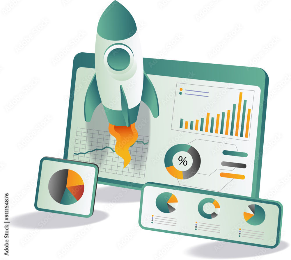 Poster rocket launching into sky with financial graphs and charts in background
