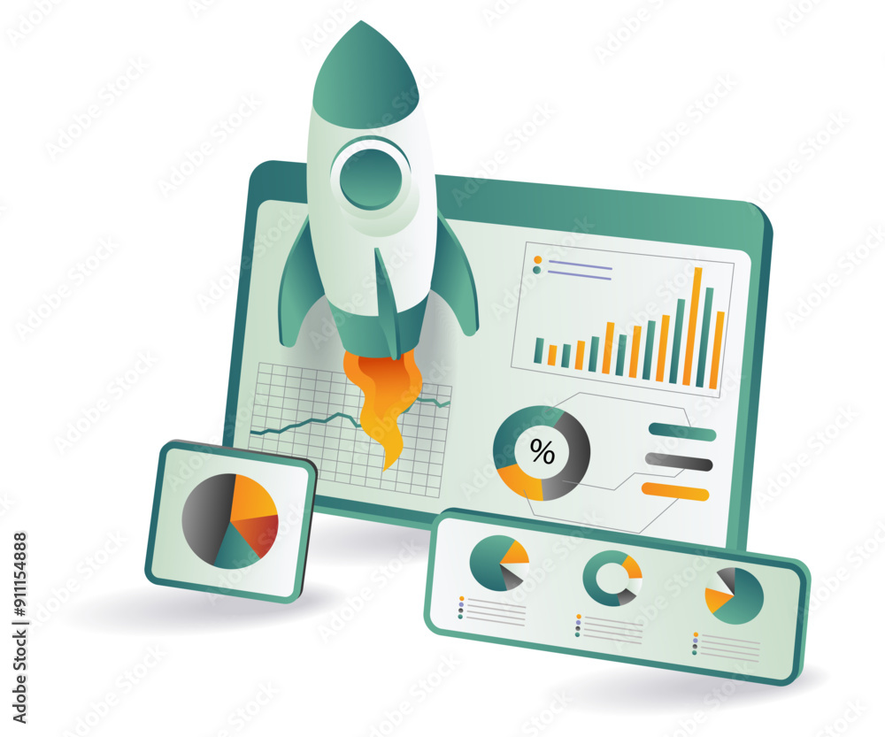 Poster rocket launching into sky with financial graphs and charts in background