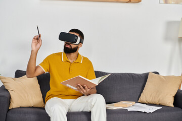 Man explores virtual worlds while relaxing on his sofa.