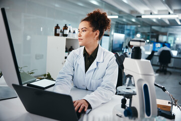 Fototapeta premium Concentration, laptop and science with woman in laboratory for development, innovation or research. Computer, pharmaceuticals and typing with serious scientist at work on breakthrough or discovery