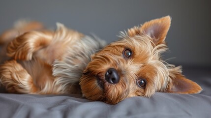 Playful Yorkshire Terrier Relaxing Comfortably on Soft Grey Bedding in a Cozy Home Setting