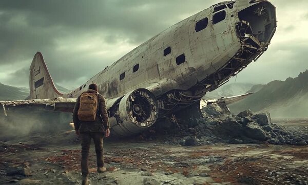 A lone wanderer approaching a crashed airplane in a desolate landscape