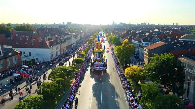 Crowds gather along the road to watch a festive parade featuring decorated floats and colorful displays under clear blue skies