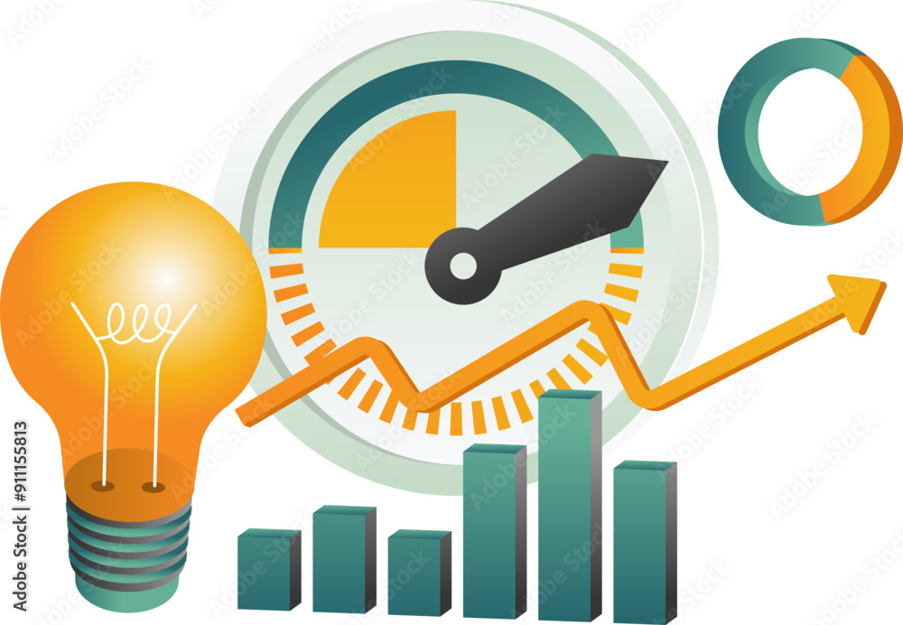 Poster symbolic representation of progress and creativity with a light bulb, graph, and arrow