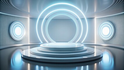 Interplay of light and technology surrounding a modern 3D podium. The futuristic effect creates a visually striking backdrop for highlighting your projects.