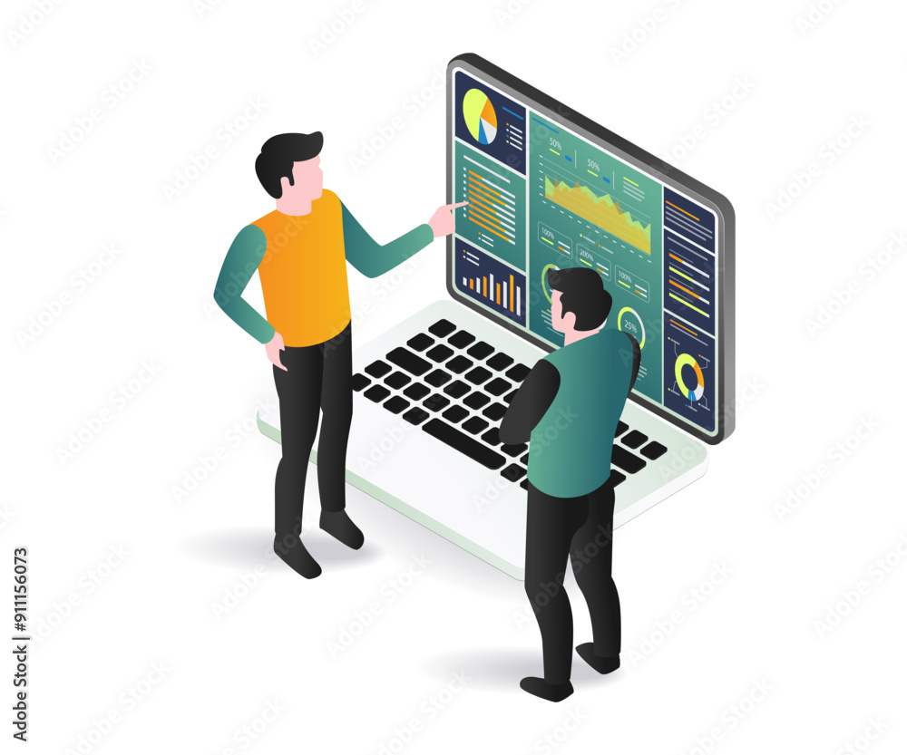 Poster two men analyzing data on a laptop screen