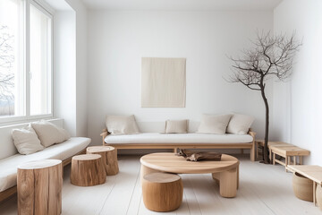 Scandinavian Minimalist Living Room with Light Wood Furniture and White Walls
