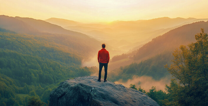 Un hombre se encuentra en la cima de una monta&ntilde;a y observa un hermoso valle con un bosque verde durante la puesta de sol. Un hombre con una camisa roja se encuentra de pie en un acantilado de roca