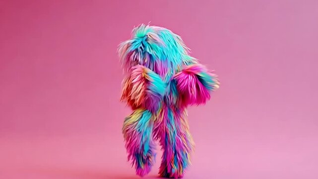 Funny furry creature with an array of colors performs energetic dance moves against a plain pink backdrop. The animation showcases an expressive personality with lively movements