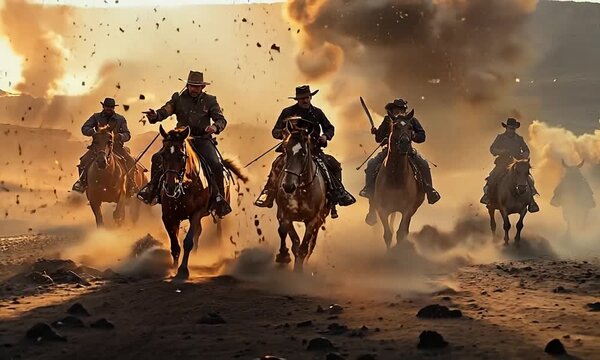 Cowboys on horseback riding through a dusty landscape