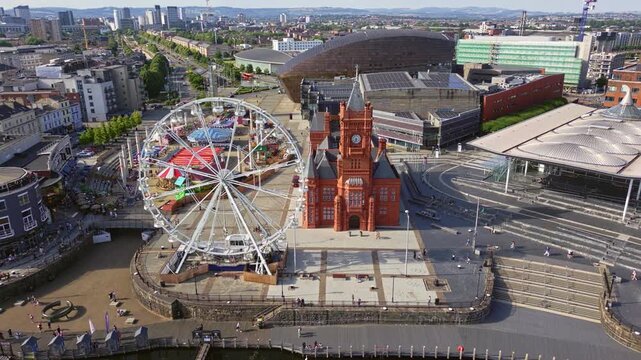Reversing aerial view of Cardiff Bay