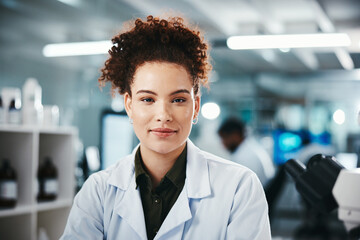 Scientist, research and portrait of woman in lab for analysis, experiment or chemical test....
