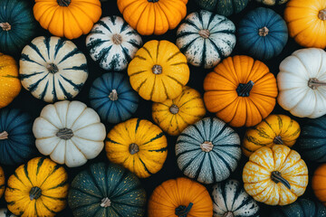 Background of small multi-colored decorative pumpkins. Autumn concept. Top view.