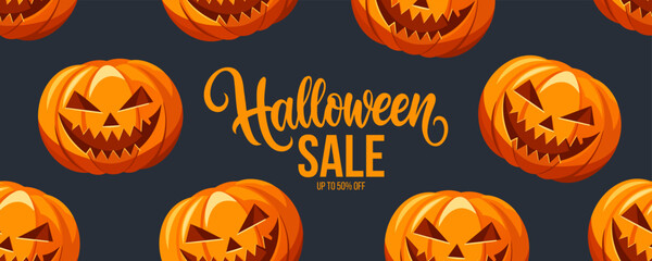 Halloween Sale Banner with hand lettering and Halloween pumpkin. Commercial background for shopping activities and holiday sales promotion. Vector illustration.