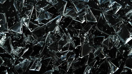 Broken glass with fragments on a black background silhouette of a cracked windows, minimalistic style, texture of broken glass