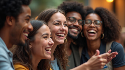 Fototapeta premium A candid photograph of a diverse group of friends laughing and enjoying a spontaneous moment together, showcasing their genuine happiness and connection.