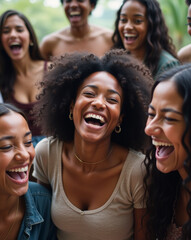 Fototapeta premium A candid photograph of a diverse group of friends laughing and enjoying a spontaneous moment together, showcasing their genuine happiness and connection.