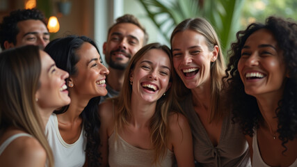 Fototapeta premium A candid photograph of a diverse group of friends laughing and enjoying a spontaneous moment together, showcasing their genuine happiness and connection.