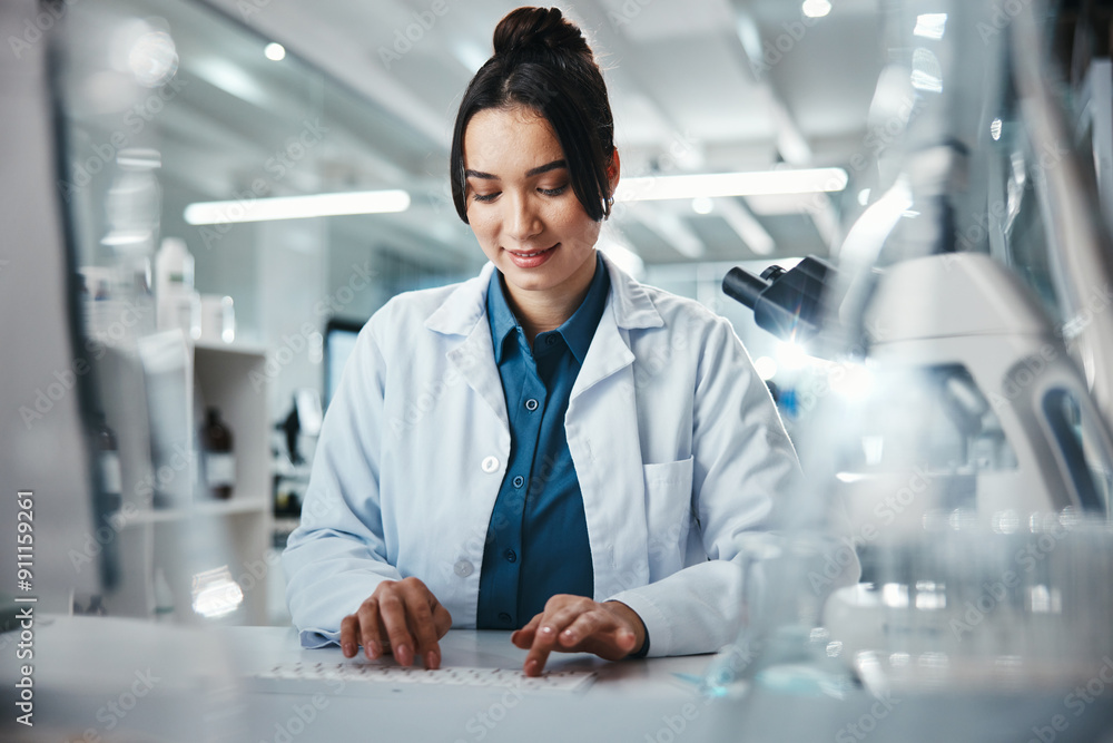Poster computer, typing and woman with scientist in laboratory for development, innovation or research. pha
