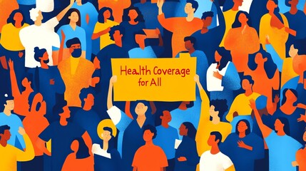Vibrant illustration of diverse individuals advocating for accessible health coverage, symbolizing unity and support for all.