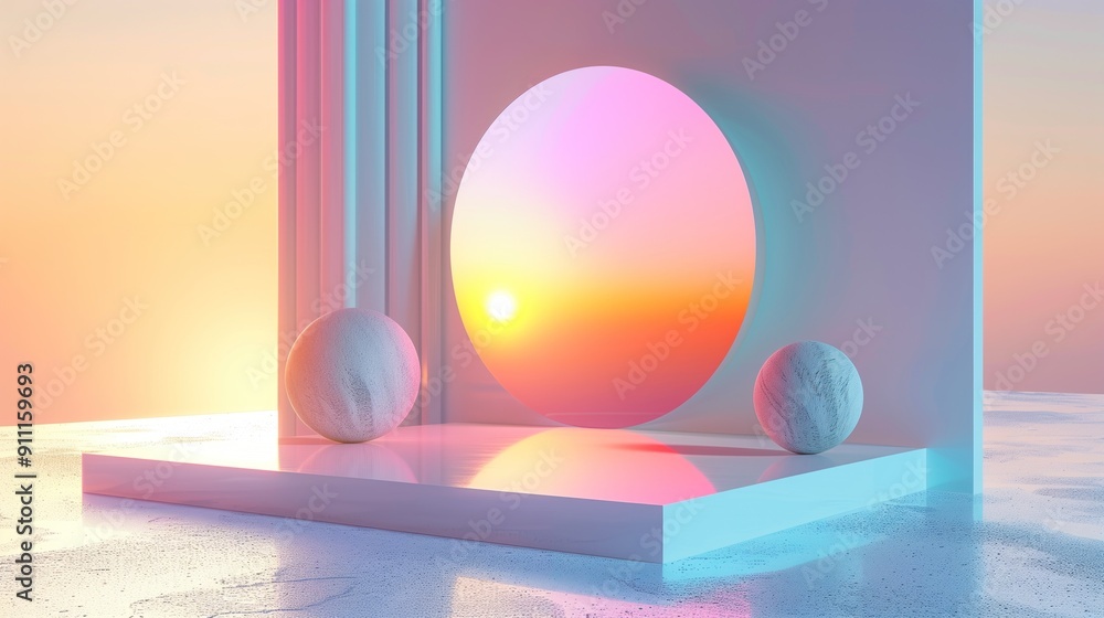 Aufkleber abstract geometric shapes with a round window revealing a vibrant sunset, featuring two spherical ob