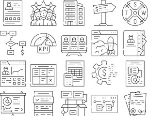 Business Management Business Icons Set Vector. Product Business Management And Presentation, Crm Marketing And Swot Analysis, Earning Money And Launch Startup Black Contour Illustrations