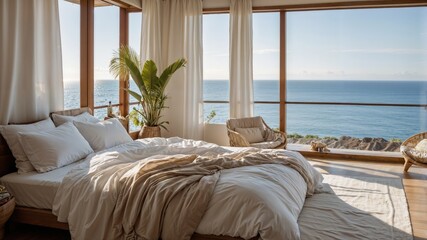 Sunlit Bedroom Overlooking Serene Tropical Sea