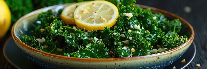 Fresh Green Kale Salad with Lemon and Toasted Almonds, Food Photography