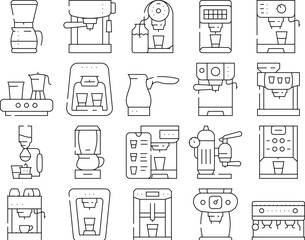 Coffee Machine Barista Equipment Icons Set Vector. Electric Turk For Brewing Energy Drink And Vintage Coffee Machine, Drip Filtration And Geyser Device Technology Black Contour Illustrations