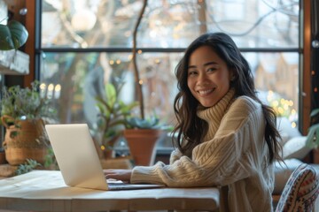 Happy woman sitting at table in front of laptop at home, home office concept 