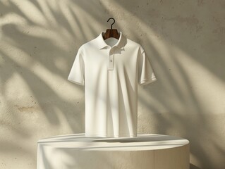 Fashion mockup of white polo shirt on simple round stand