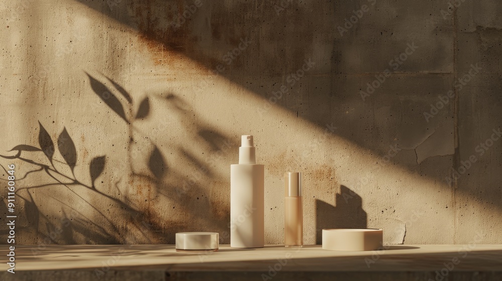 Aufkleber minimal abstract presentation of cosmetic products on brown concrete background with light shadow an