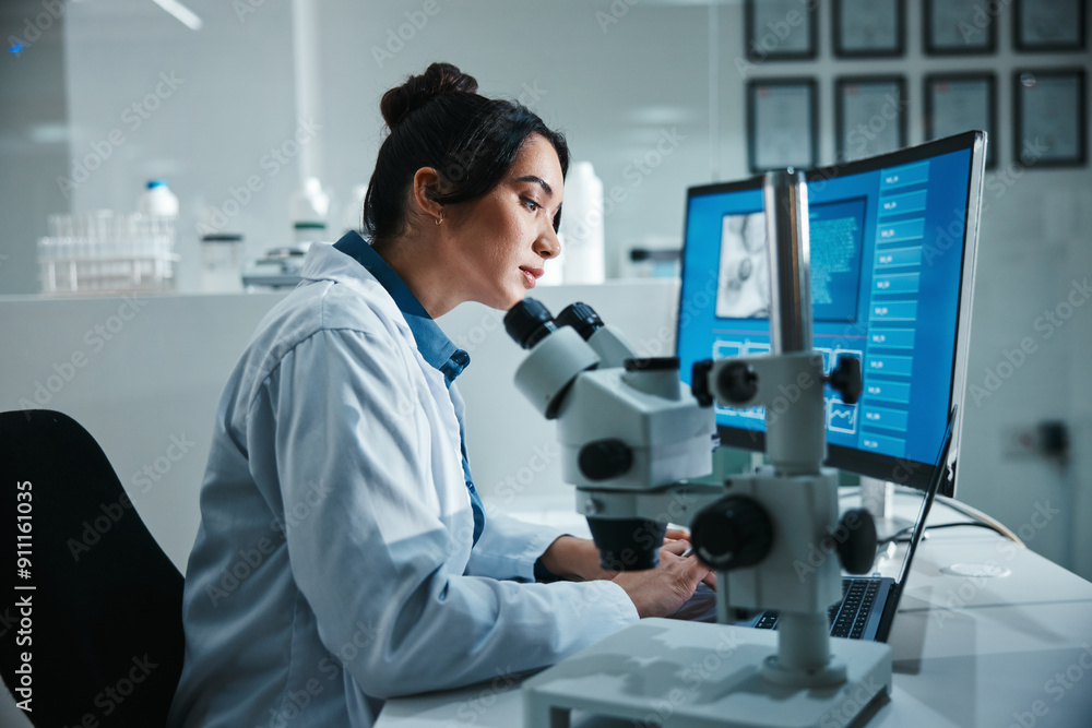 Aufkleber Computer screen, microscope and science with woman in laboratory for development, innovation or research. Data, display and pharmaceuticals with scientist at work on medical breakthrough or discovery