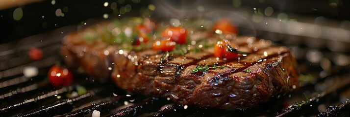 Closeup of a Juicy Steak Grilling with Tomatoes and Herbs - Food Photography