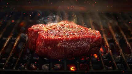 Close Up of a Juicy Steak Grilling with Flames and Smoke Photo