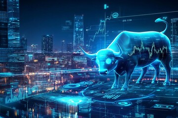 Fototapeta premium Futuristic cityscape with a giant holographic bull and financial symbols, depicting bullish market trends and forecast
