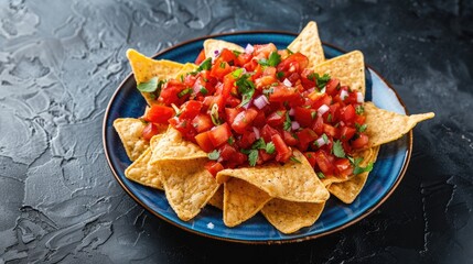 Mexican cuisine Tortilla chips on blue plate with zesty tomato salsa Dark surface