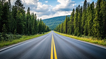Fototapeta premium A long, empty highway stretches through a dense pine forest under a bright summer sky, evoking a sense of adventure.