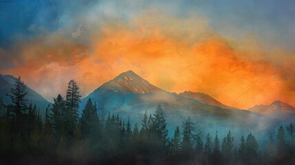 Misty mountain sunset with orange and blue sky