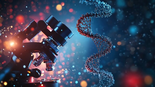 Microscope and DNA molecule. Biotechnology concept