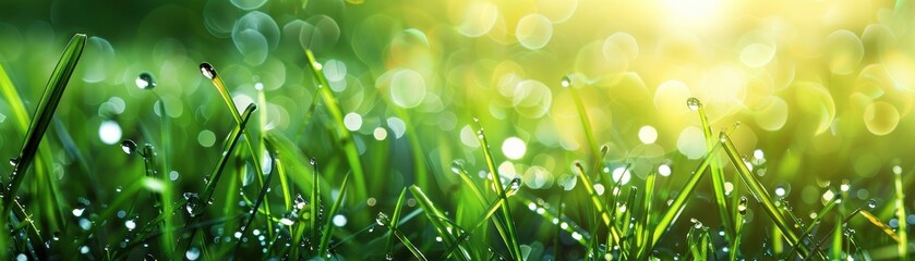 Close-Up of Dew-Covered Grass Blades Sparkling in Morning Sunlight with Bokeh Background