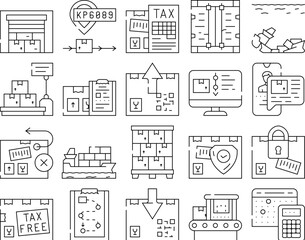 Export And Import Transportation Icons Set Vector. Export And Import Goods Documents And Shipment, Sunken Container Ship And Logistics Services, Tracking Number And Tax Black Contour Illustrations