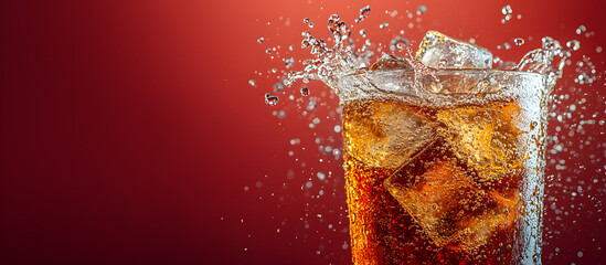 Ice-cold cola splashing with ice cubes against a vibrant red background, capturing freshness and energy.