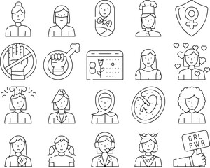 Female Occupation And Profession Icons Set Vector. Female Stewardess And Call Center Worker, Queen And Sportswoman, Woman Love And Broken Heart, Young Girl And Bearded Lady Black Contour Illustrations